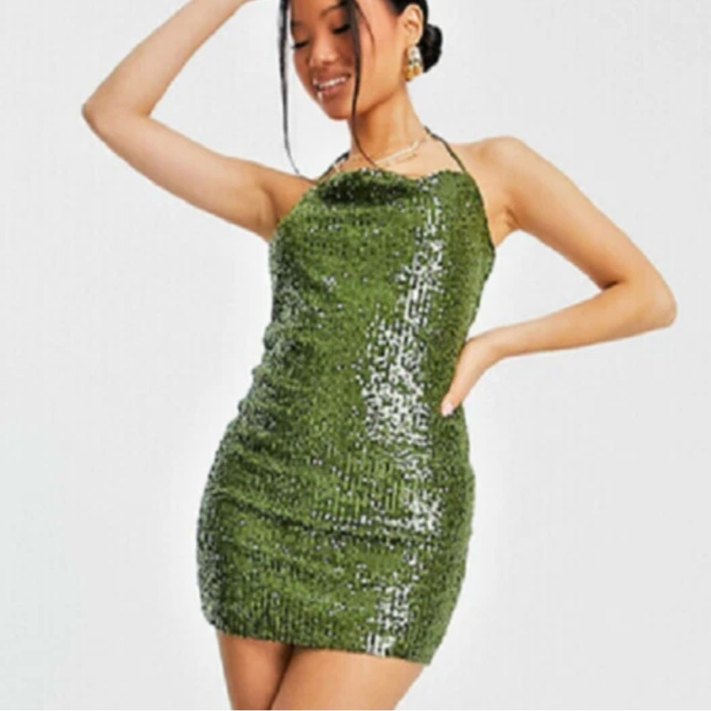 Topshop Square Neck OliveGreen Sequin Mini Bodycon Dress